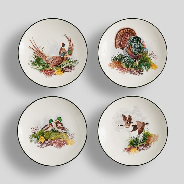 Fantastical Forest Fall Birds Stoneware Appetizer Plates, Mixed S/4, Multi