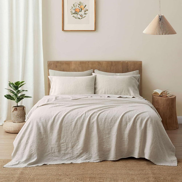 ATLINIA 100% Pure Flax Linen Bedding Set - Stone Washed French Linen Fabric Deep Pocket Fitted Sheet Farmhouse Flat Sheet 2 Pillowcases (Natural, Full)