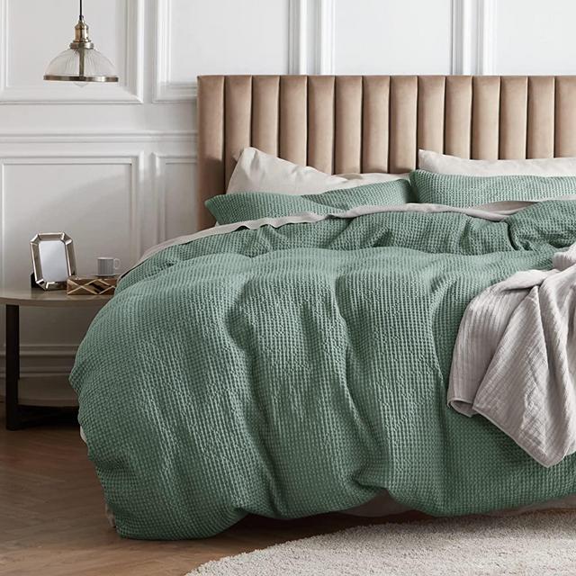 BEDSURE Cotton Duvet Cover King - 100% Cotton Waffle Weave Green Bay Duvet Cover King Size, Soft and Breathable King Duvet Cover Set for All Season (King, 104x90'')