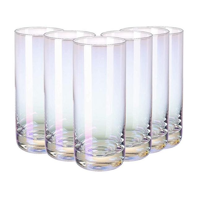 Vastto 13 Ounce Iridescent Highball Drinking Glass,Cylindrical Shape,for Water, Beverage,Juice, Wine,Beer, and Cocktail,Set of 6 (Rainbow-colored)
