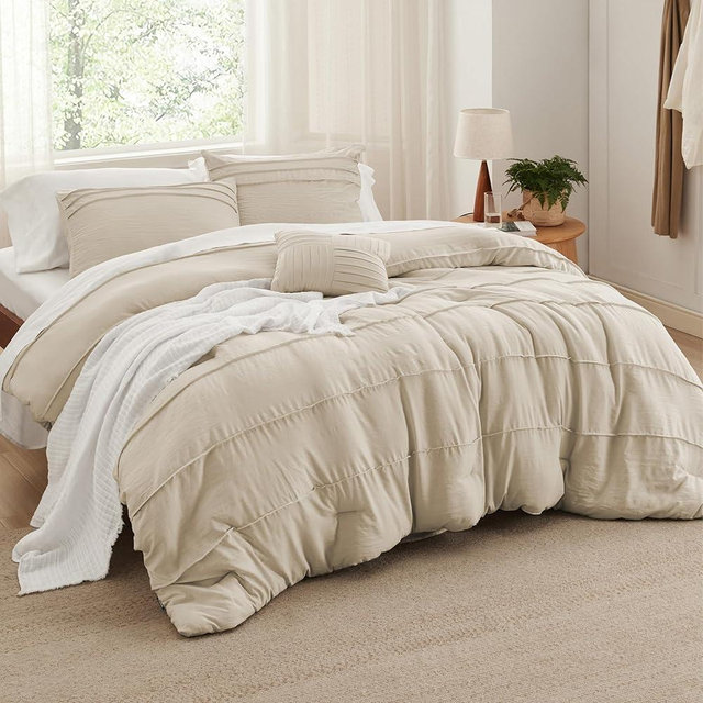 Bedsure Linen King Size Comforter Set - 4 Pieces Pinch Pleat Bed Set, Down Alternative Bedding Sets for All Season, 1 Comforter, 2 Pillowcases, 1 Decorative Pillow