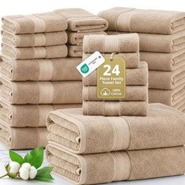 Amazon Lane Linen 100% Cotton Towel Set for Bathroom - 24 PCs - Durable, Soft, Quick Dry & Absorbent Towels - 2 Bath Sheet, 4 Fingertip, 8 Washcloths, 4 Bath & 6 Hand Towels for Bathroom - Family Set - Beige Visit the LANE LINEN Store