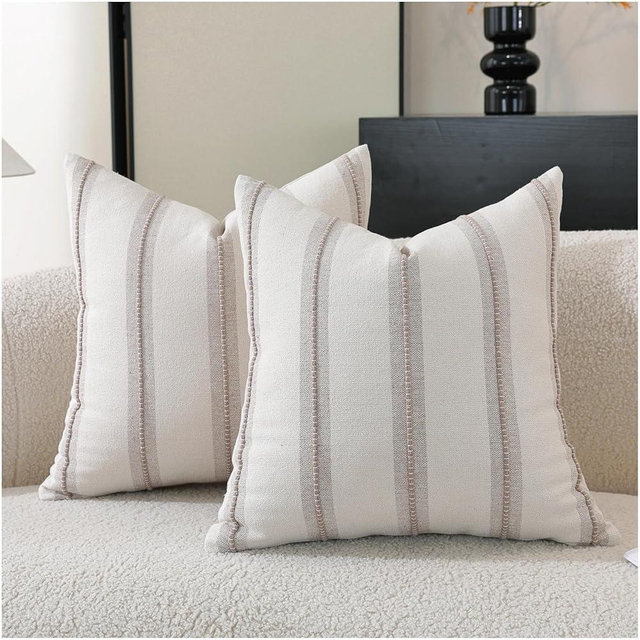 Cethom Boho Throw Pillow Covers 18x18 Set of 2, Taupe Striped Decorative Pillow Cases for Couch Chair Bed, Textured Farmhouse Modern Accent Cushion Covers for Living Room Bedroom Sofa Home Decor