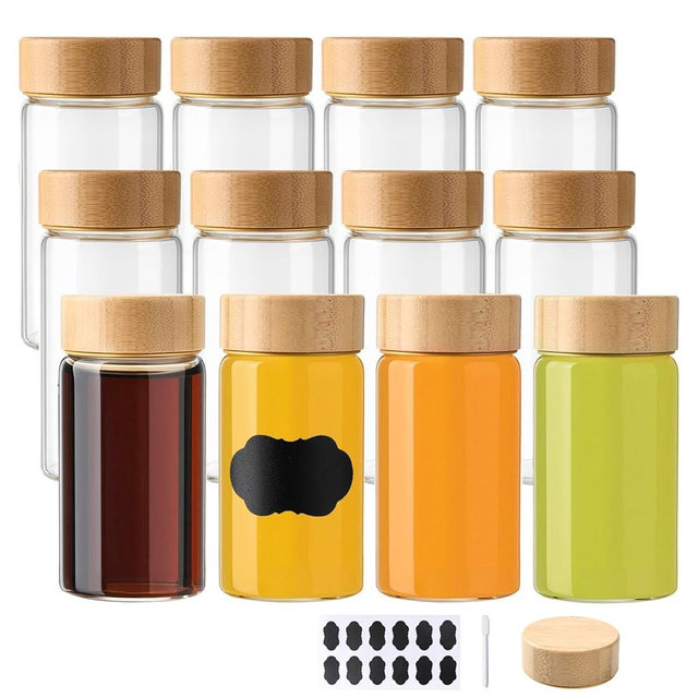 BPFY 12 Pack 4oz Glass Shot Bottles with Caps, 120ml Borosilicate Glass Juice Shot Bottles, Dishwasher & Freezer Safe, Reusable Wellness Ginger Shot Glass Jars with Lids for Juicing