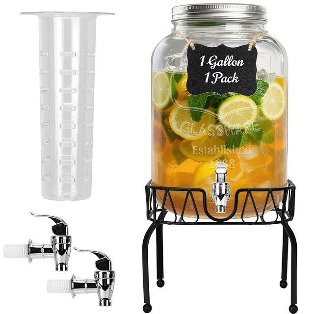 Glass Beverage Dispenser with Stand and Lid, One Pack-2 Gallon with Spigot - Glass Drink Dispensers for Parties, Wedding, Ideal for Juice, Beer, Ice Tea