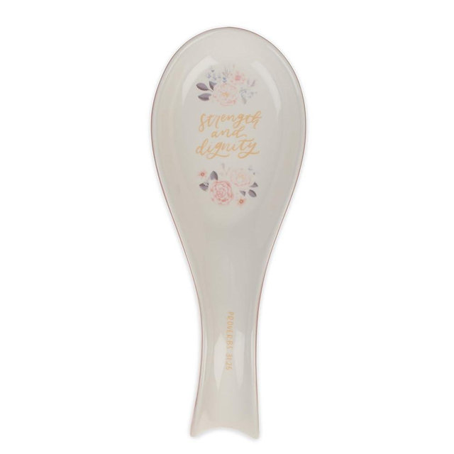 Christian Art Gifts Ceramic Spoon Utensil Rest for Women: Strength & Dignity Inspirational Bible Verse, Stove & Kitchen Counter Top Home Décor, Silicone Base, Lead/Cadmium-free, White & Pink Floral