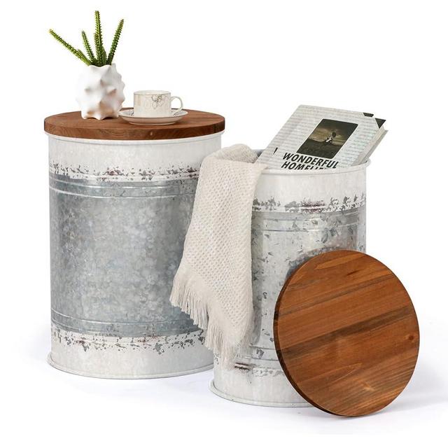 Poofzy Farmhouse End Tables Set of 2, Galvanized Metal Decor Side Table with Wood Lid, Coffee Table Storage Stool for Living Room (White)
