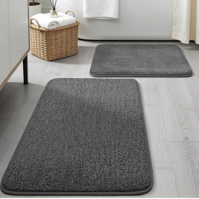 YIHOUSE Memory Foam Bathroom Rugs Sets 2 Piece - Extra Thick Soft Towel-Like Absorbent Bath Mat Set, Non Slip Machine Washable Bath Rugs Carpet for Bath, Tub and Shower (32"x20"+24"x17", Dark Grey)