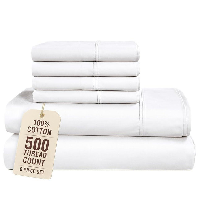 Casa Platino King Size Sheet Set, 6 Piece 100% Cotton Bed Sheet Set with 500 Thread Count Buttery Soft Sateen Finish, Long-Lasting and Lightweight, 15 Inch Deep Pocket King Sheets – Pure White