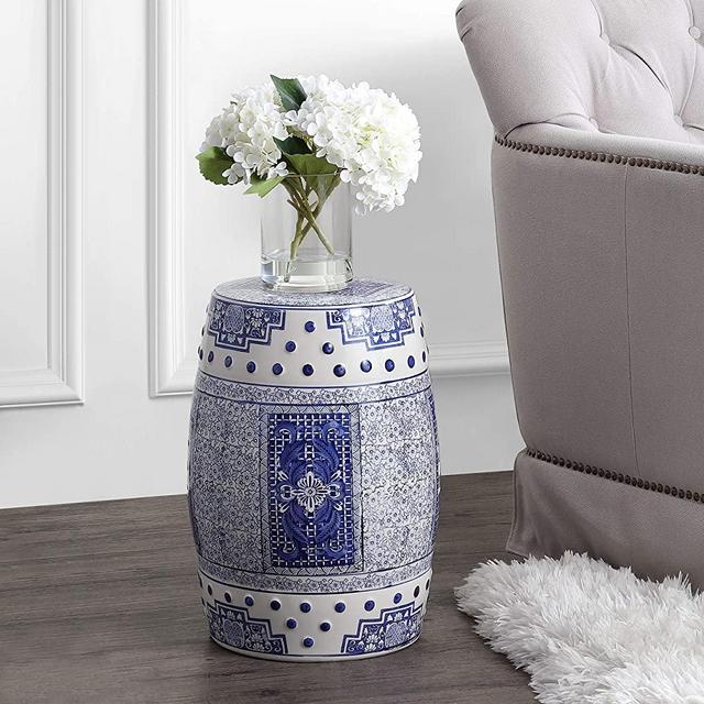 Jonathan Y TBL1003A Acanthus 17.8" Chinoiserie Ceramic Drum Garden Stool, Blue/White