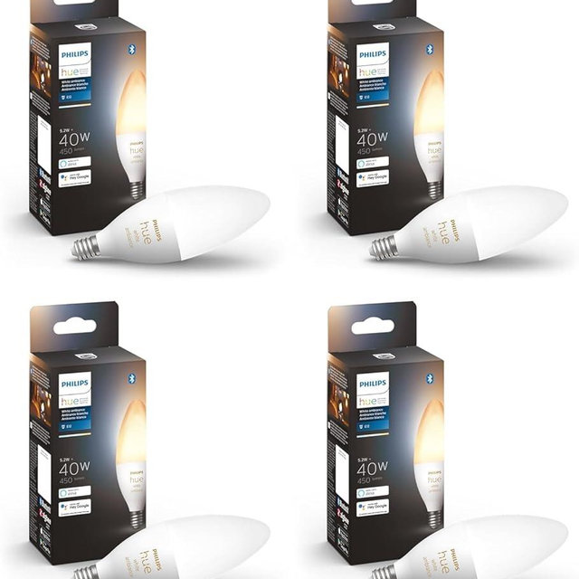 Philips Hue 40W B39 Candle-Shaped Smart LED Light Bulbs - Warm-to-Cool White Ambiance - 4 Pack - 450LM - E12 - Indoor - Control with Hue App - Works with Voice Assistants