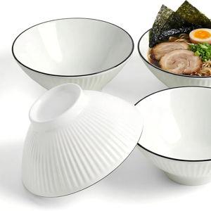 Ramen Bowls Set of 4, 33 oz Ceramic Japanese Style Noodle Bowls, 8 Inch Conical Pho and Udon Bowls with Black Rim, Ribbed Texture, Microwave & Dishwasher Safe