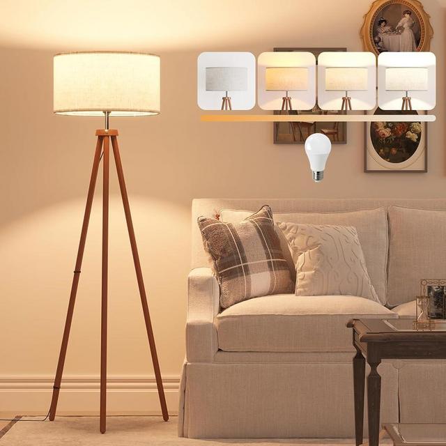 LiteHistory Wood Tripod Floor Lamps for Living Room, Bedroom, and Office,Standing lamp with Beige Linen Shade, 12W Three-Color Bulb Included, Pull Chain Switch, Tall lamp for Home Decor, Brown