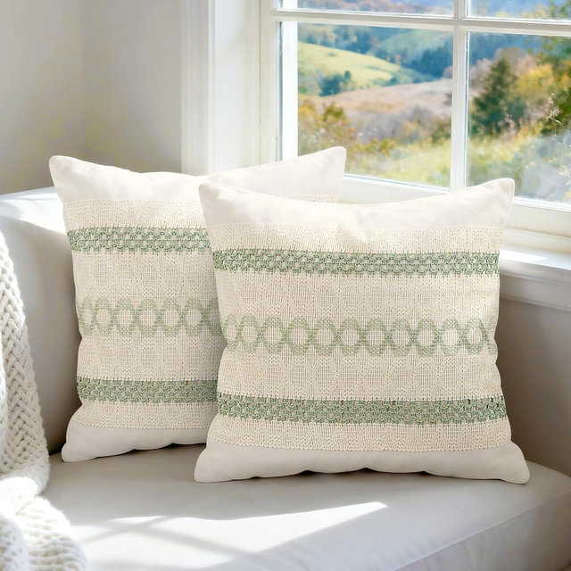 Hibate Set of 2 Sage Green Boho Throw Pillow Covers 18x18 Inch Decorative Cushion Covers for Couch Bed Sofa Chair Cotton Macrame Décor Decorations (Type B)