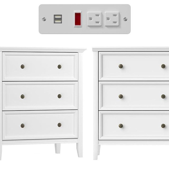 IKENO White Nightstand with 3 Drawers and Charging Station, Solid Wood Nightstand Organizer for Bedroom Set of 2