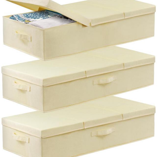 punemi Underbed Storage Bins, Set Of 3 Stackable Underbed Storage Containers Bag With Lid, Fabric Storage Under Bed Drawer Organizer For Blanket Pillow Comforter & Quilt Wrapping Paper, Beige