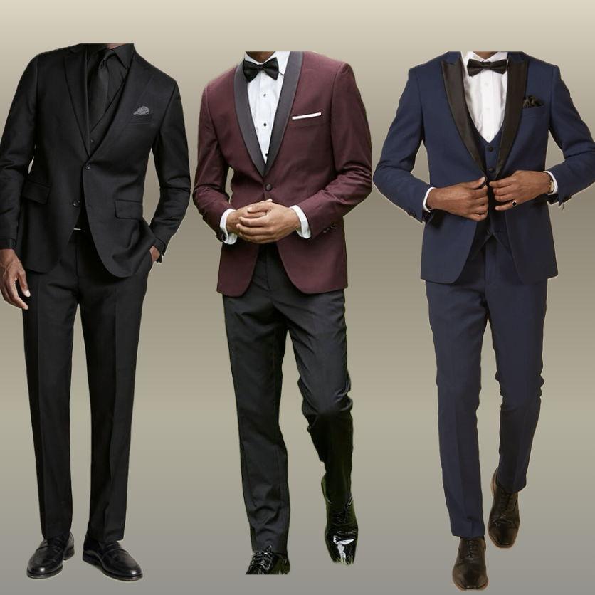 Men: Black tuxedos or dark-colored suits.