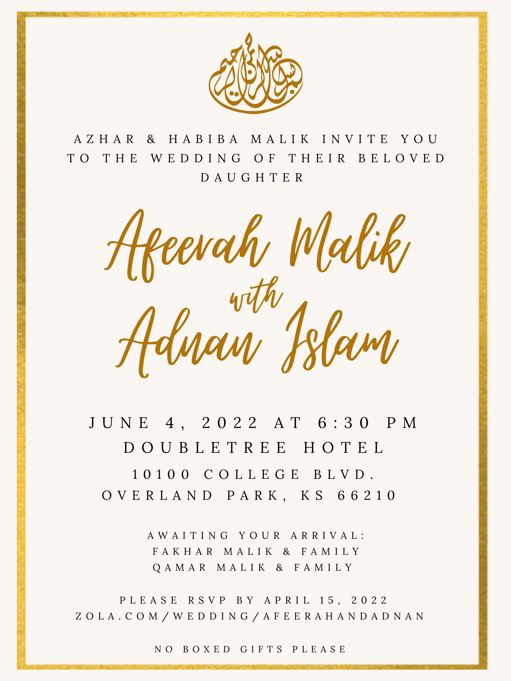 The Wedding Website of Afeerah Malik and Adnan Islam