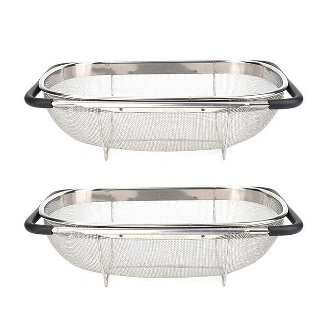 Suwimut 2 Pack Over the Sink Oval Colander for Kitchen, Stainless Steel Fine Mesh 6 Quart Strainer Basket with Expandable Rubber Grip Handles for Straining, Draining, Rinsing Fruits, Vegetables
