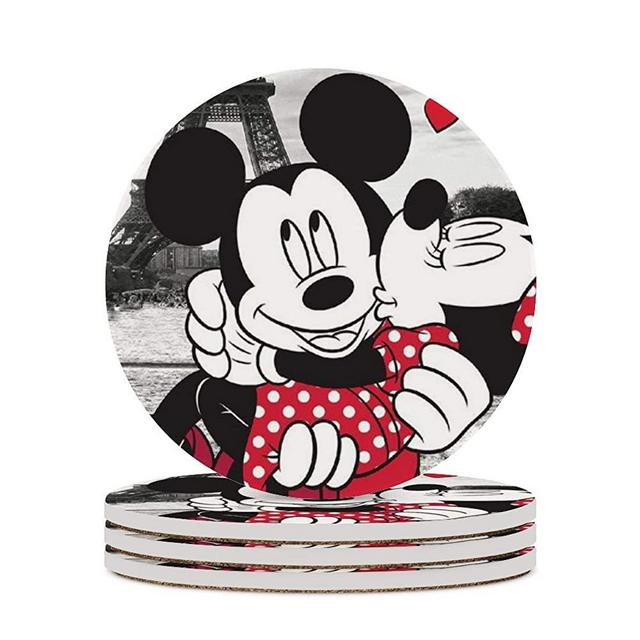 Coaster Minnie Kiss Mickey Ceramic Round Coasters Cup Mat 3.9Inch 4PCS