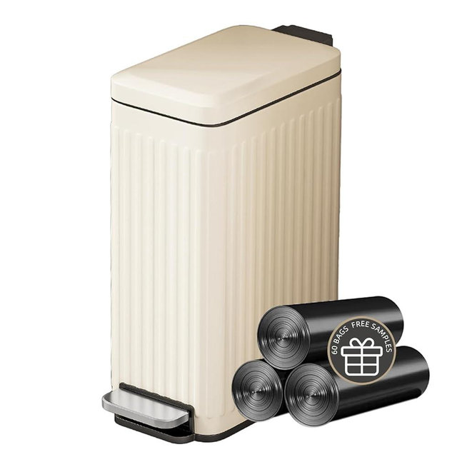 Bathroom Trash Can with Lid, Small Stainless Steel Garbage Can with Step Pedal, 10 Liter/2.6 Gallon Soft Close Slim Trash Bin, Creamy White Waste Basket for Living Room, Bedroom, Laundry Room, Office