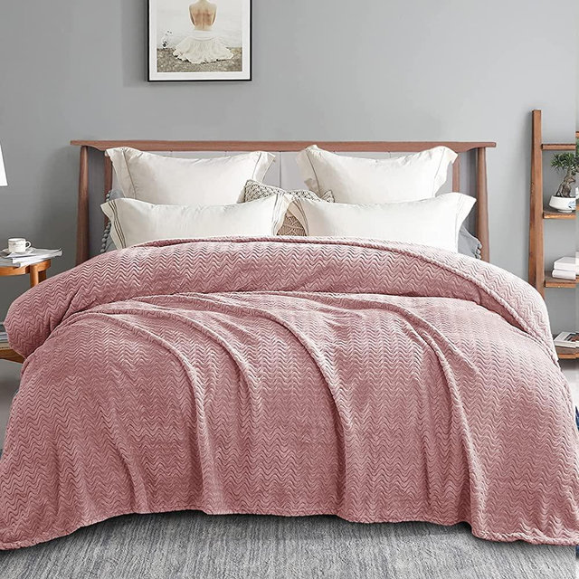 Exclusivo Mezcla Queen Size Jacquard Weave Wave Pattern Flannel Fleece Velvet Plush Bed Blanket as Bedspread/Coverlet/Bed Cover(90" x 90", Pink) - Soft, Lightweight, Warm and Cozy