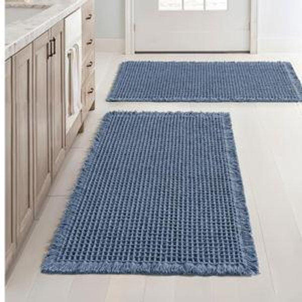 MIULEE Set of 2 Waffle Bathroom Rugs, Boho Bath Rugs Non Slip Washable, Super Absorbent Bath Mats, Ultra Soft Rubber Backed Shower Mats for Bathroom Floor, Tub and Shower, Blue, 18x30 Inch