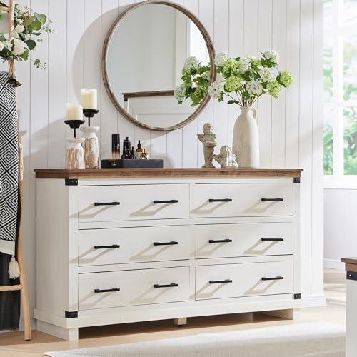 T4TREAM Farmhouse 6 Drawers Dresser for Bedroom, 54" Wide Wood Chest of Drawers w/Natural Texture & Metal Handle, Rustic Storage Dressers Organizer for Living Room, Hallway, Antique White