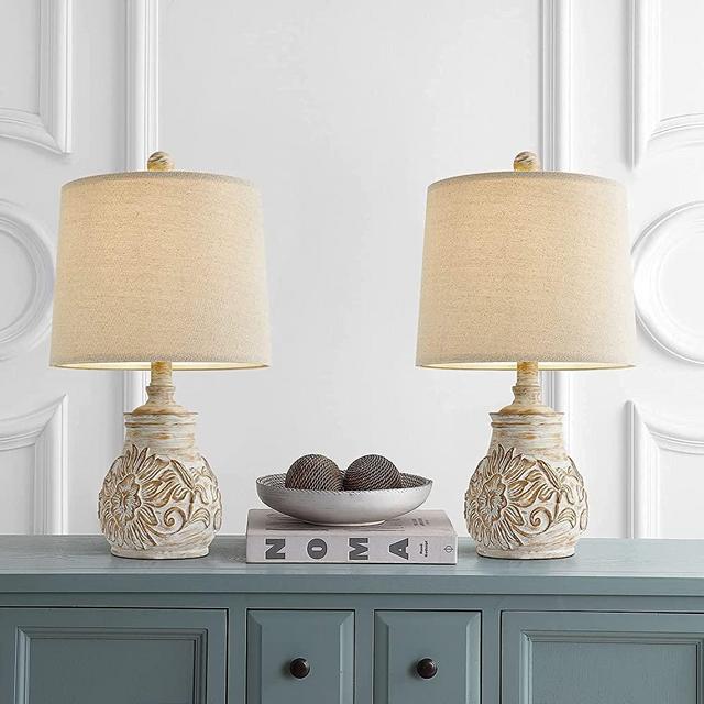 PoKat 18.5'' Farmhouse Vintage Table Lamps for Living Room Traditional Carved Floral Bedside Lamps for Bedroom Rustic Night Light Lamps Washed White