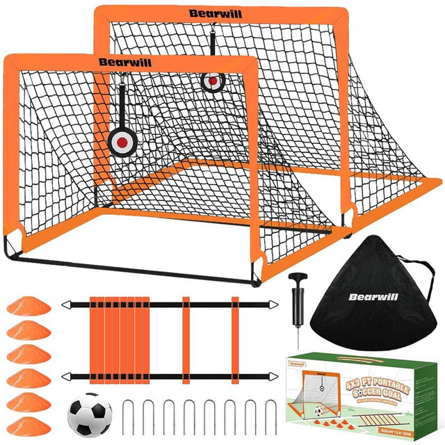 Bearwill Soccer Goal, Kids Soccer Goals for Backyard Set of 2, 4x3ft Portable Soccer Goal Pop Up Soccer Net, Kids Soccer Net Training Equipment with Soccer Ball, Ladder, Cones, Targets