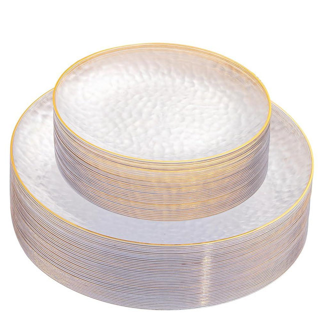 Rubtlamp 60Pcs Clear Plastic Plates,Clear Disposable Plates With Gold Rim,Heavy-duty Gold Plates,Hammered Party Plates Include 30Clear Dessert-Platos,30Dinner-Platos for Wedding, Party