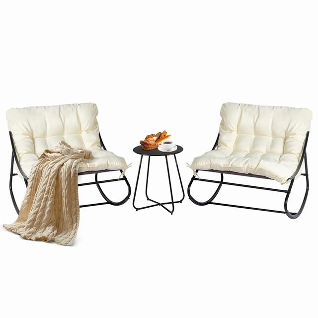 VINGLI Rocking Patio Chairs Set of 2 with Side Table, Heavy Duty 400 LBS Capacity, Padded Outdoor Indoor Rockers, White