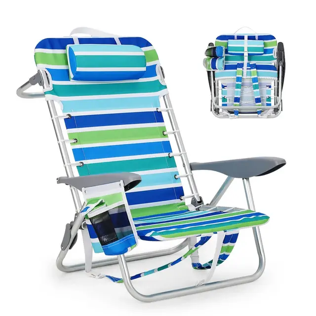 Backpack Beach Chair for Adults, Portable Lay Flat Folding Beach Chair with 5 Reclining Positions, Phone Pocket, Cup Holder & Towel Bar