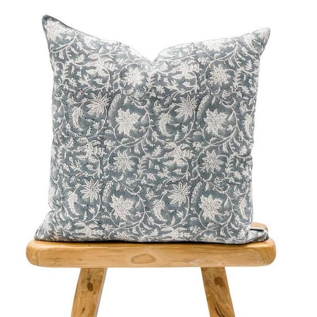 Designer Floral Grey-Blue on Natural Linen Pillow Cover, Grey Pillow cover, Boho Pillow, Decorative Throw Pillow, Floral pillow cover