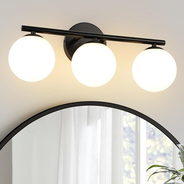 foucasal Black Globe Bathroom Light Fixtures 3-Light Vanity Light with Plastic Milk White Globe Shades 11.81 inch Wall Sconce Lighting Over Mirror, Vanity Lights for Bathroom Bedroom Hallway