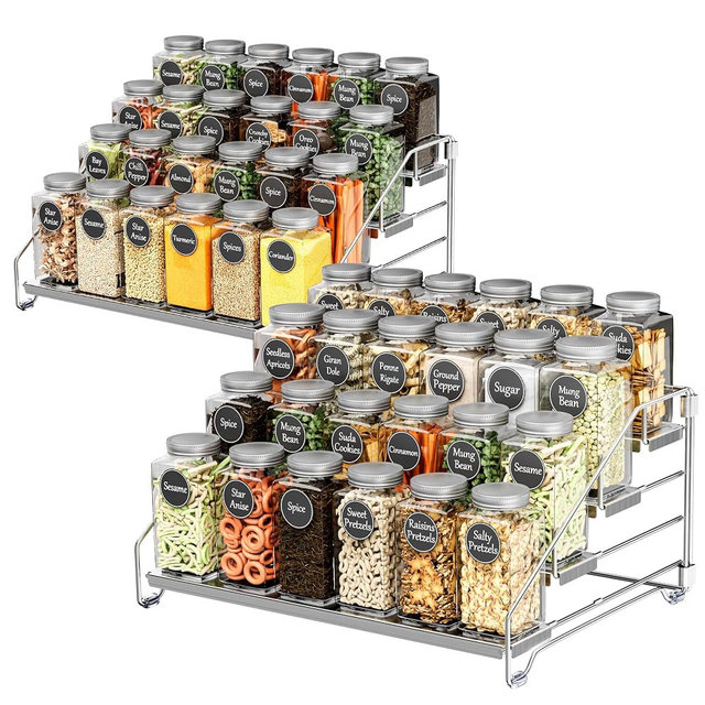 BOIVSHI Heavy Duty Spice Rack for Cabinet, Space Saving 4 Tier Spice Organization for Cabinet, Adjustable Depth Spice Shelf for Cabinet, Counter, Pantry - Chrome, 2 Pack