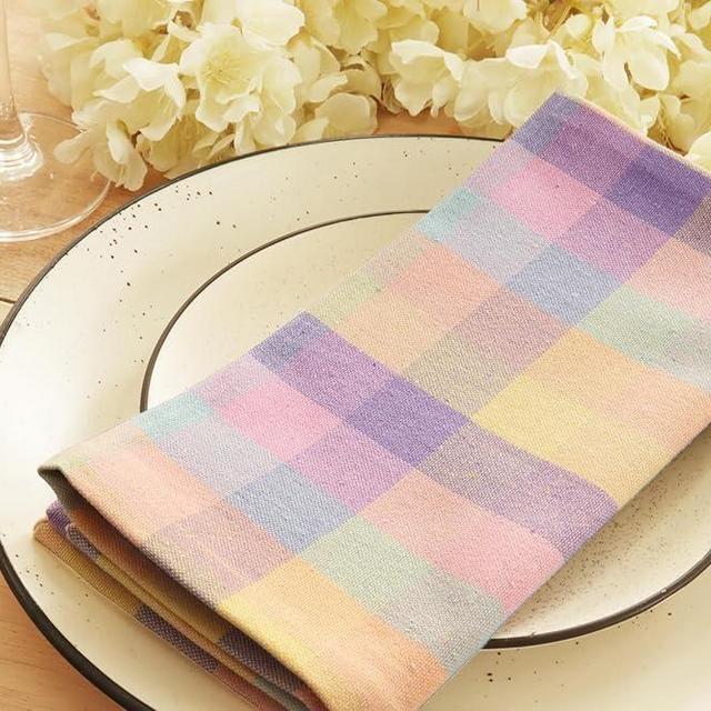 PurpleEssences Buffalo Plaid Cloth Napkins - Mitered Corners - Spring Summer Easter Pastel Gingham Check Dinner Napkin - Set of 12-100% Cotton - Reusable Washable - Multi Color