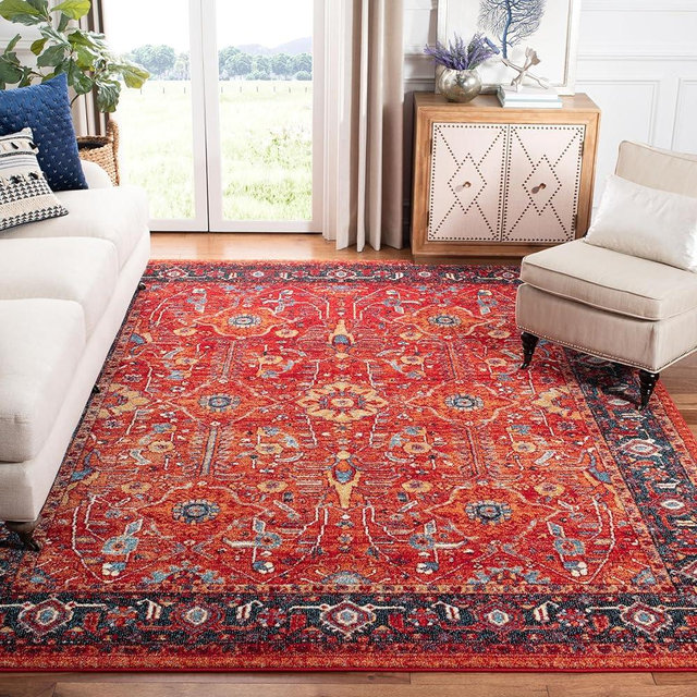 SAFAVIEH Vintage Hamadan Collection Area Rug - 8' x 10', Orange & Navy, Oriental Traditional Persian Design, Non-Shedding & Easy Care, Ideal for High Traffic Areas in Living Room, Bedroom (VTH220C)