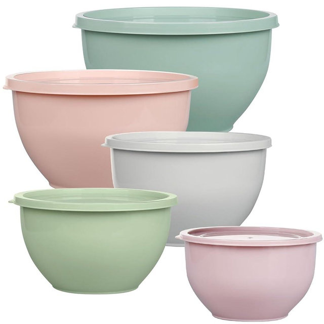 Greentainer 5-Piece Plastic Mixing Bowls with Lids Set for Kitchen, Nesting Bowls for Mixing, Baking, Prepping, Cooking and Serving Food, Mixing Bowls Dishwasher, Microwave Safe(5 Set-Pink)