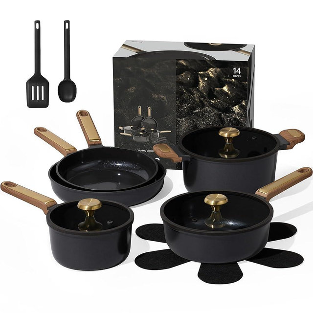 CAROTE Ceramic Cookware Set Nonstick, 14pcs Pots and Pans Set Nonstick, Non-Toxic & PFAS-Free, Dishwasher/Oven Safe, RV/Camping Cookware Set, Cooking Pots with Lids, Charcoal Black