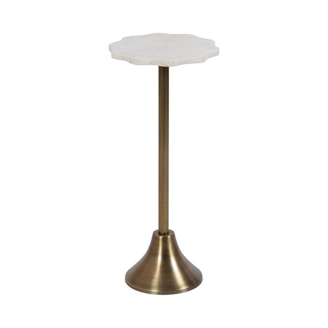 Kate and Laurel Sanzo Modern Pedestal Drink Table; 10 x 10 x 23; Antique Brass and White; Decorative End Table with Scalloped Marble Tabletop for Use as Small Plant Stand or Cute Martini Table