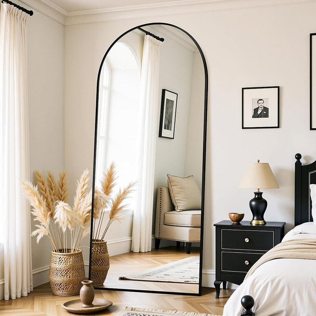 LadyNow Full Length Mirror, 71"x28" Oversized Floor Mirror Freestanding, Full Body Mirror Floor Standing Mirrors with Stand, Hanging Mounted Mirrors for Bedroom Living Room, Black, Arched Style