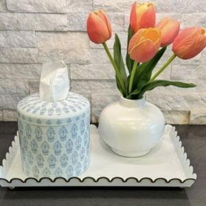 Ceramic Soft Blue + White Block Pattern Refillable Tissue Holder | 5 x 5in