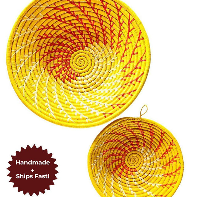 Handmade Raffia Wall Basket | Yellow African Decor, Fruit Bowl