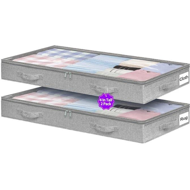 Below 4 Inches High Under Bed Storage, Low Profile Underbed Storage Containers, NO RIGID STRUCTURE, Foldable & Thin Storage Bags, Clothes Organizer w/Clear Lid & Zipper, 2-Pack, 20x40x3.7 Inches, Gray