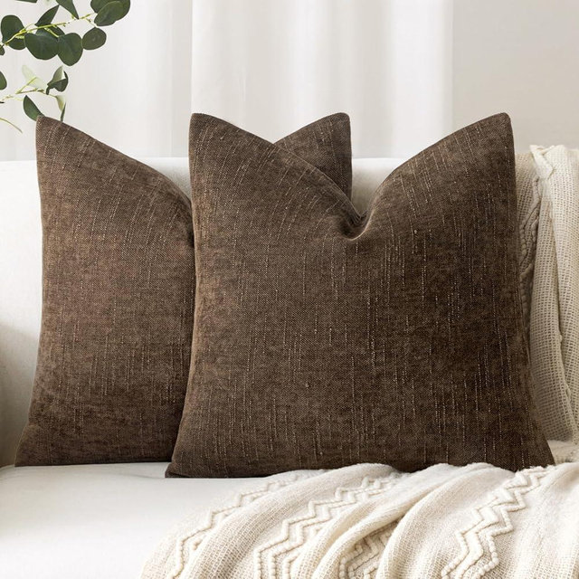 Woaboy Set of 2 Textured Throw Pillow Covers Decorative Soft Accent Square Chenille Pillowcases Neutral Farmhouse Modern Home Decor for Couch Sofa Bedroom Living Room 20x20 Inch,Brown Chocolate