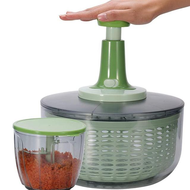 Brieftons Salad Spinner and Chopper: Large 6.3-Qt Lettuce Greens Vegetable Washer Dryer, 0.95-Qt Chopper Mixer, Compact Storage, Easy Push Operation for Quick Veggie Prepping