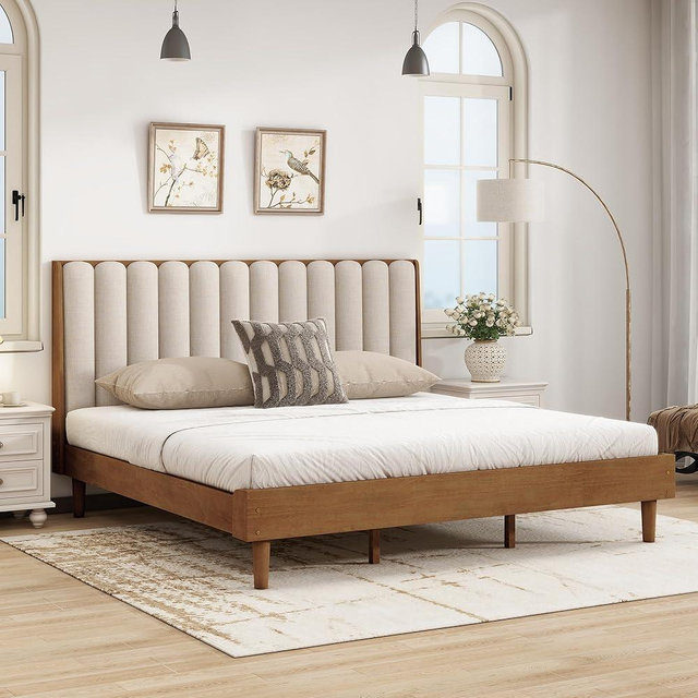 Mirightone Wood King Size Bed Frame,Tall Upholstered Tufted Headboard, Platform Bed King with Solid Rubber Wood Legs, Modern Style - No Box Spring Needed, Walnuts with Beige