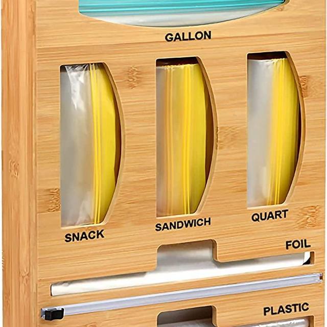 iROLEN Ziplock Bag Organizer and Plastic Wrap Dispenser with Cutter, 6 IN 1 Bamboo Aluminum Foil and Plastic Wrap Organizer for Kitchen Drawer, Baggie Storage Organization for Sandwich, Gallon, etc.