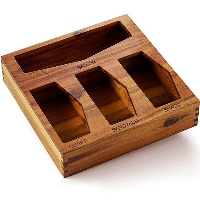 Ziplock Bag Organizer Acacia Wood - Ziplock Bag Storage Organizer for Drawer - Food Storage Bag Holder for Cabinet - Suitable for Gallon, Quart, Sandwich & Snack Variety Size Bag (Finger Acacia)